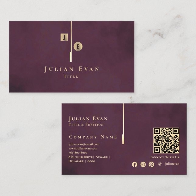 Elegant Artistic Monogram Burgundy Red Gold Business Card (Front/Back)