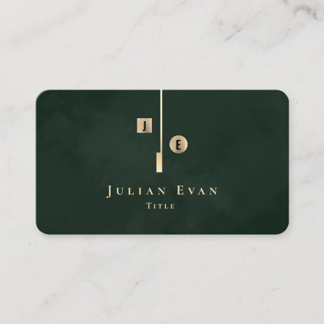 Elegant Artistic Monogram Dark Emerald Green Gold Business Card (Front)