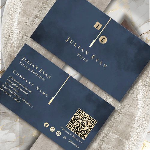 Elegant Artistic Monogram Navy Blue Gold Business Card