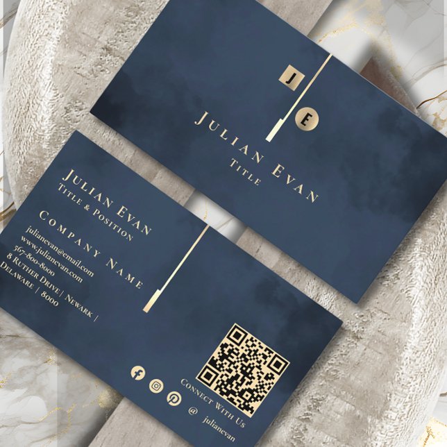 Elegant Artistic Monogram Navy Blue Gold Business Card (Creator Uploaded)