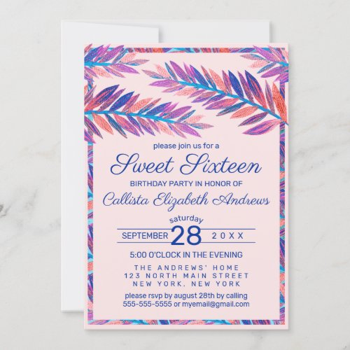 Elegant Artistic Tropical Leaves Acrylic Sweet 16 Invitation