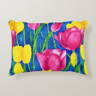 Elegant artistic watercolor art tulips Blue Yellow Accent Pillow