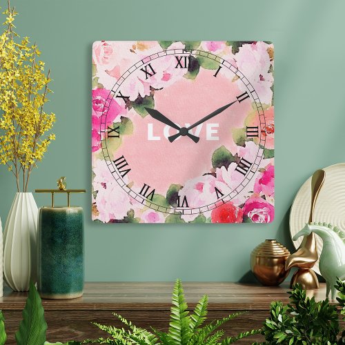 Elegant Artistic Watercolor Pink Roses Love Text Square Wall Clock
