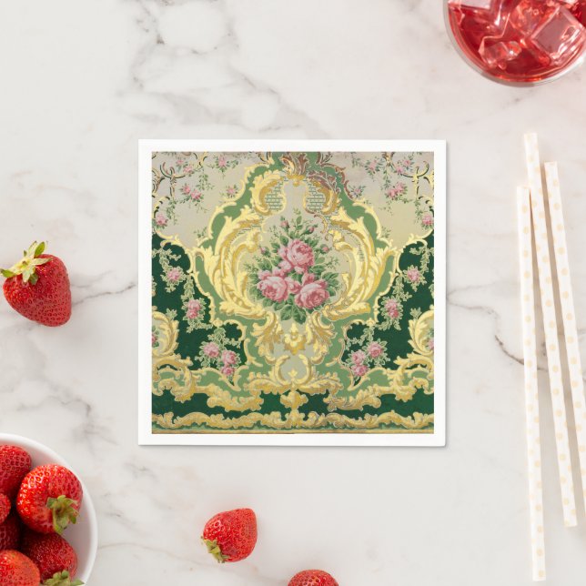Elegant ArtNouveau Metal Gold Pink Roses Dinner Napkins (Insitu)