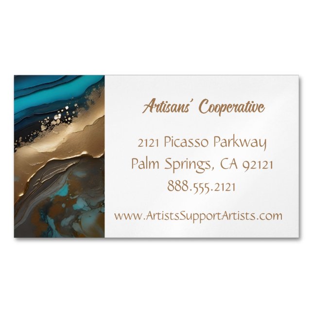 Elegant, artsy abstract, teal gold business card magnet (Front)