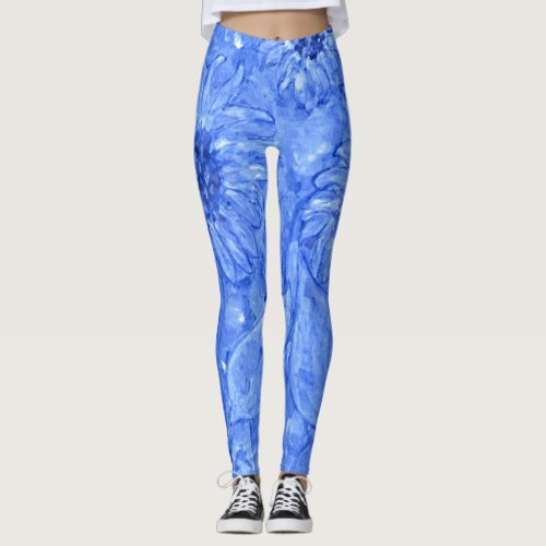 Elegant Artsy Blue Watercolor Flowers Yoga  Leggings