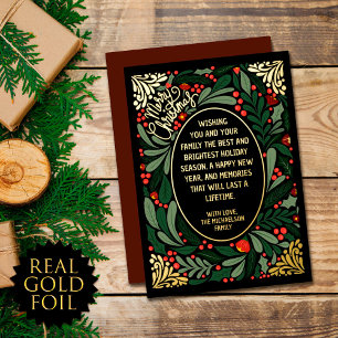 Elegant Artsy Floral Leaves Christmas Gold Foil Holiday Card
