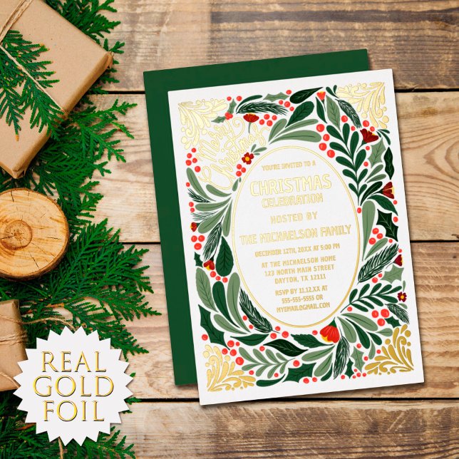 Elegant Artsy Floral Leaves Christmas Party Gold Foil Invitation (Creator Uploaded)