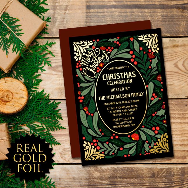 Elegant Artsy Floral Leaves Christmas Party Gold Foil Invitation (Creator Uploaded)