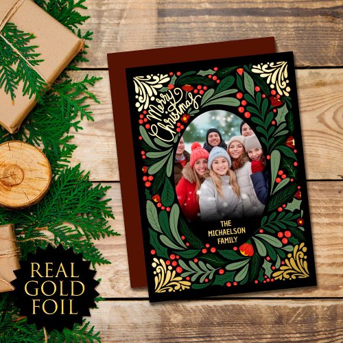 Elegant Artsy Floral Leaves Christmas Photo Gold Foil Holiday Card