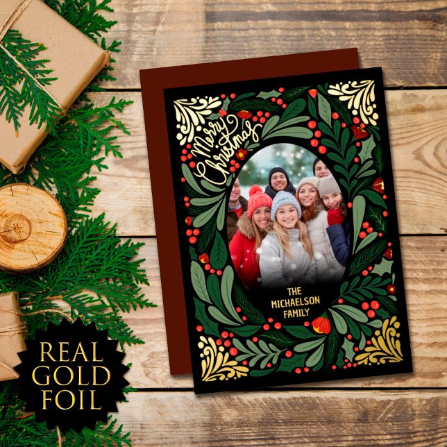 Elegant Artsy Floral Leaves Christmas Photo Gold Foil Holiday Card (Creator Uploaded)