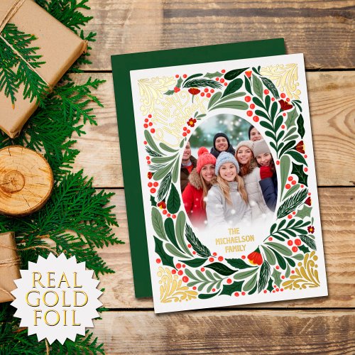 Elegant Artsy Floral Leaves Christmas Photo Gold Foil Holiday Card