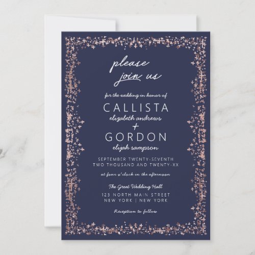 Elegant Artsy Navy Blue Rose Gold Border Wedding Invitation