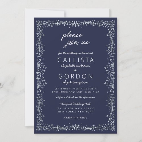 Elegant Artsy Navy Blue Silver Border Wedding Invitation