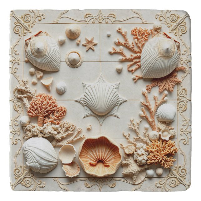 Elegant artsy red corals seashells inspired  trivet (Front)