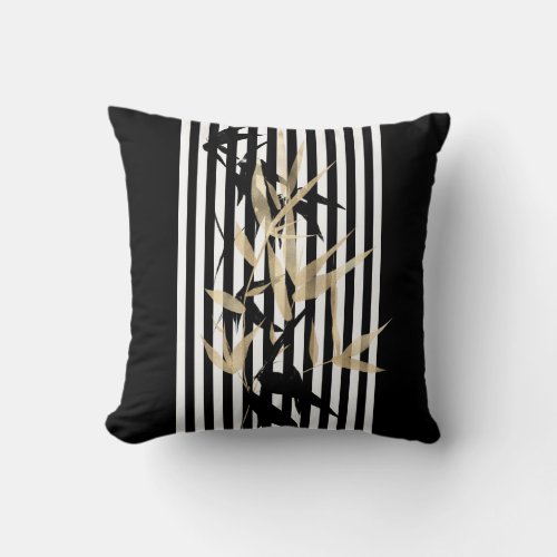 Elegant Asian Black White Stripe Gold Bamboo Throw Pillow