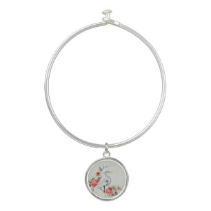 Elegant Asian Crane and Blossom Art Bangle Bracelet