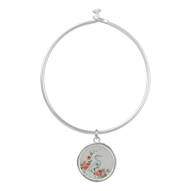 Elegant Asian Crane and Blossom Art Bangle Bracelet (Front)