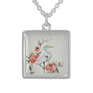 Elegant Asian Crane and Blossom Art Sterling Silver Necklace