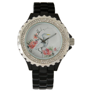 Elegant Asian Crane and Blossom Art Watch