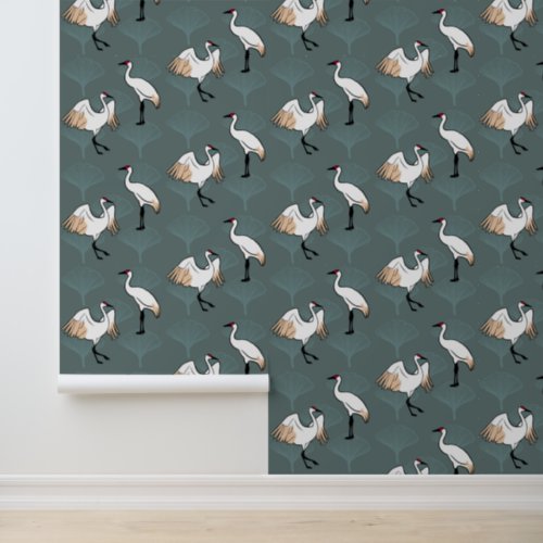 Elegant Asian Crane Birds  Gingko Leaves Wallpaper
