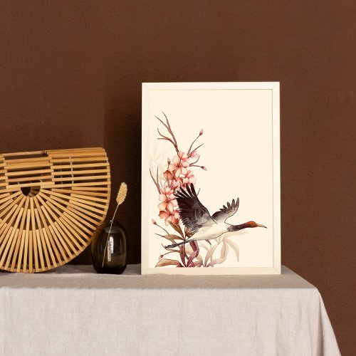 Elegant Asian Flower Watercolor Birds Crane Poster