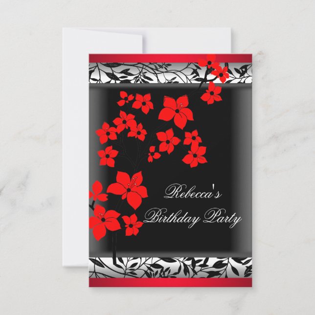 Elegant Asian Red Flowers White black Invitation (Front)
