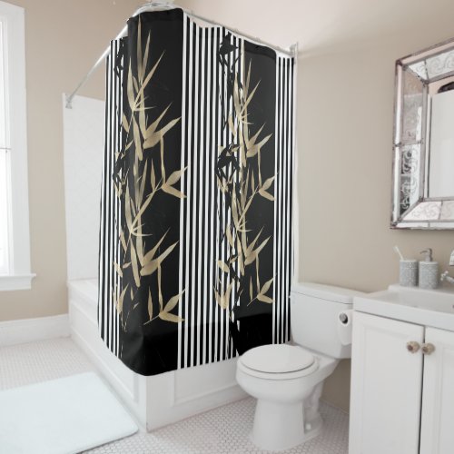 Elegant Asianstyle Black White Stripe Gold Bamboo Shower Curtain