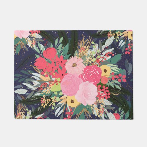 Elegant Astral Aura Winter Floral  Gold Dots Doormat