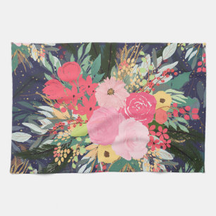 Elegant Astral Aura Winter Floral & Gold Dots Kitchen Towel