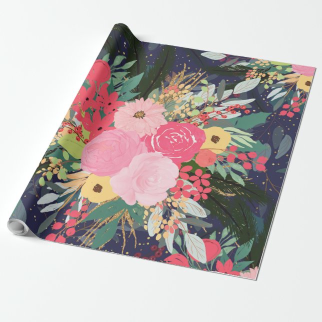 Elegant Astral Aura Winter Floral & Gold Dots Wrapping Paper (Unrolled)