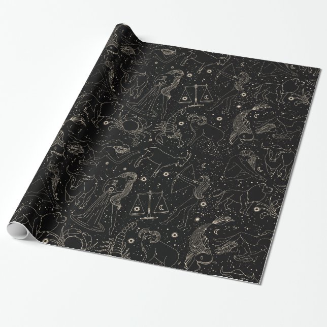 Elegant Astrology Zodiac Black/Gold Wrapping Paper (Unrolled)