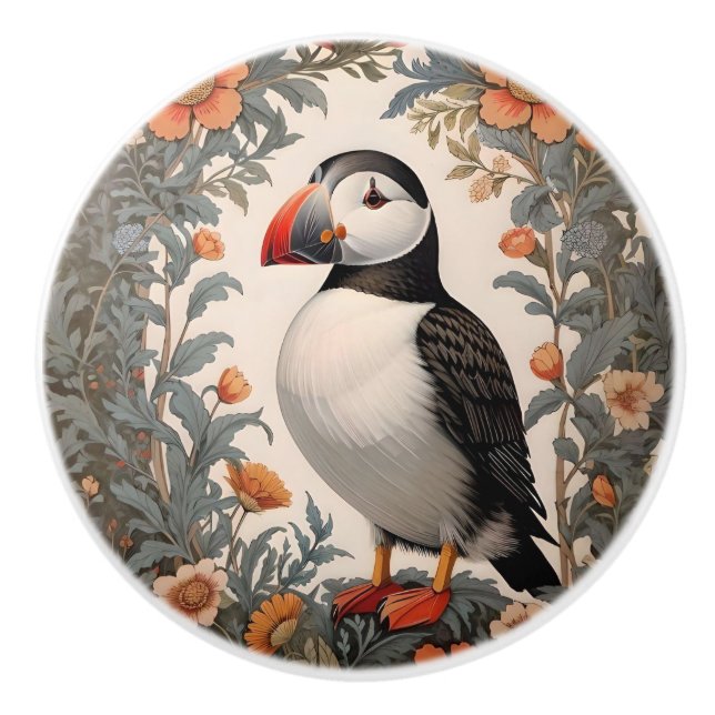 Elegant Atlantic Puffin William Morris Inspired Ceramic Knob (Front)