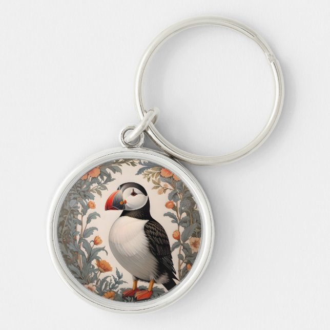Elegant Atlantic Puffin William Morris Inspired Keychain (Front)