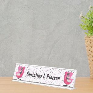 Elegant Atomic Cats Pink Chair Polka Dots White Desk Name Plate
