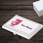 elegant Atomic Cats Vintage Pink Chair Polka Dots Business Card Case<br><div class="desc">This metal business card holder case has two elegant atomic cats one black and one white sitting in a vintage pink chair on a white background with pink polka dots.  Customise your text or name with the template.</div>