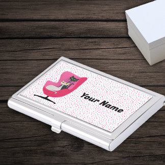 elegant Atomic Cats Vintage Pink Chair Polka Dots Business Card Case