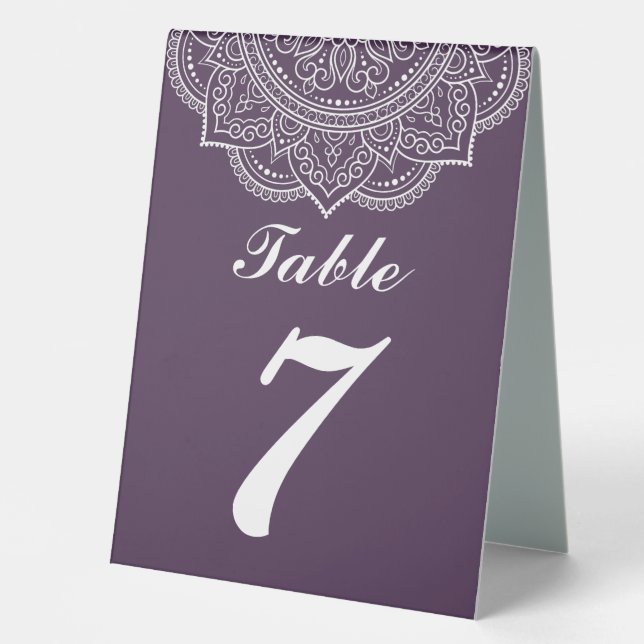 Elegant Aubergine and White Indian Paisley Wedding Table Tent (Front)