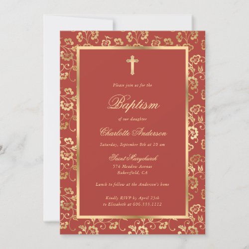 Elegant Auburn and Gold Cross Floral Baptism Invitation