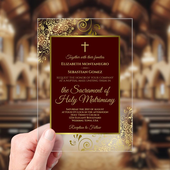Elegant Auburn Brown & Gold Catholic Wedding Acrylic Invitations (Clear Acrylic with Rectangle Cut)