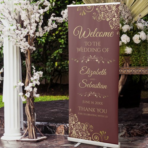 Elegant Auburn Brown  Gold Lacy Wedding Welcome Retractable Banner