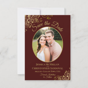 Elegant Auburn Brown & Gold Oval Photo Wedding Save The Date