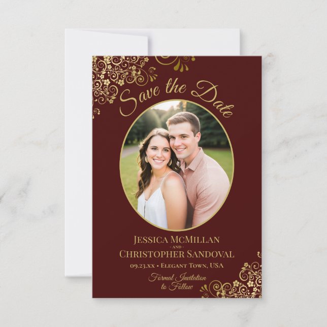 Elegant Auburn Brown & Gold Oval Photo Wedding Save The Date (Front)