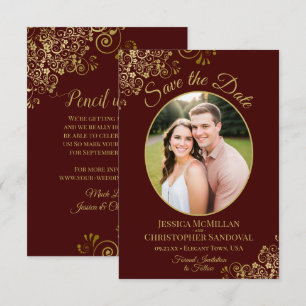 Elegant Auburn Brown & Gold Oval Photo Wedding Save The Date