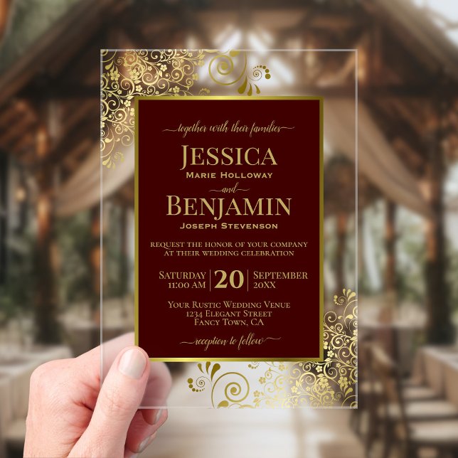 Elegant Auburn Brown & Gold Stylish Text Wedding Acrylic Invitations (Creator Uploaded)
