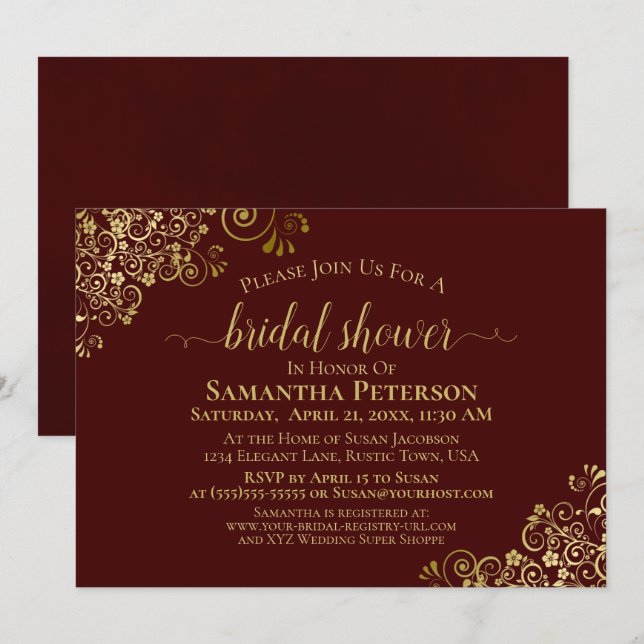 Elegant Auburn & Gold Lace Frills Bridal Shower Invitation (Front/Back)