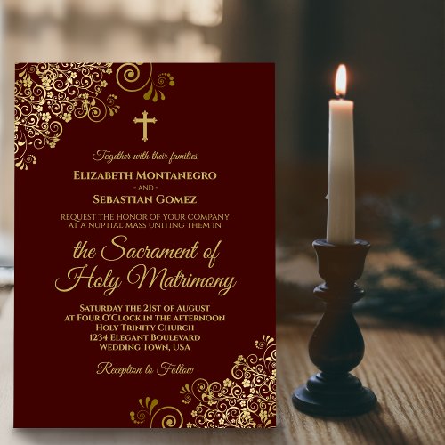 Elegant Auburn  Gold Modern Catholic Wedding Invitation