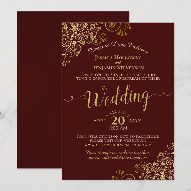 Elegant Auburn & Gold Virtual Wedding Livestream Invitation (Front/Back)