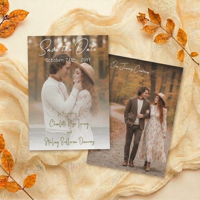 Elegant Autumn 2 Photo Script Save The Date Invitation (Creator Uploaded)