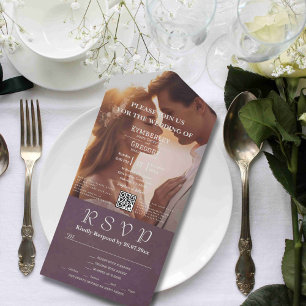 Elegant Autumn Aubergine Grey QR Code Photo All In One Invitation